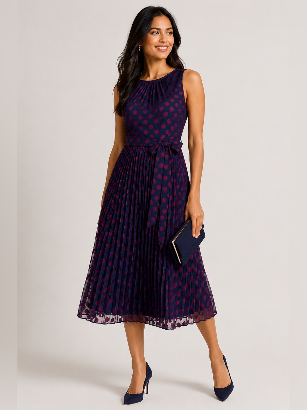 Hobbs London Blythe Devoree Polka Dot Pleated Midi Dress Navy Burgundy US 6